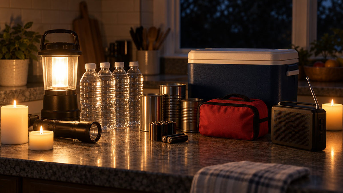 Power outage kit on a kitchen counter: lantern, flashlight, water, batteries, first-aid kit and cooler