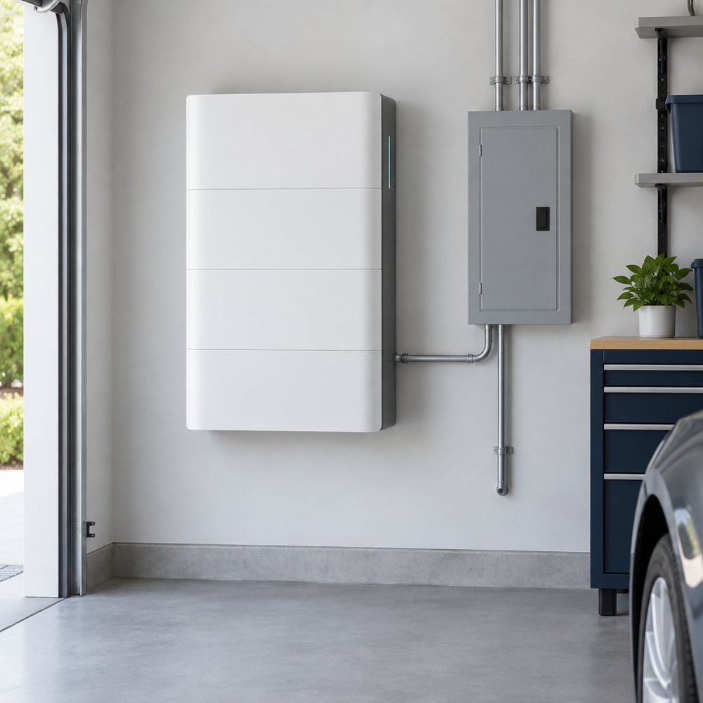 Wall-mounted home battery next to an electrical panel