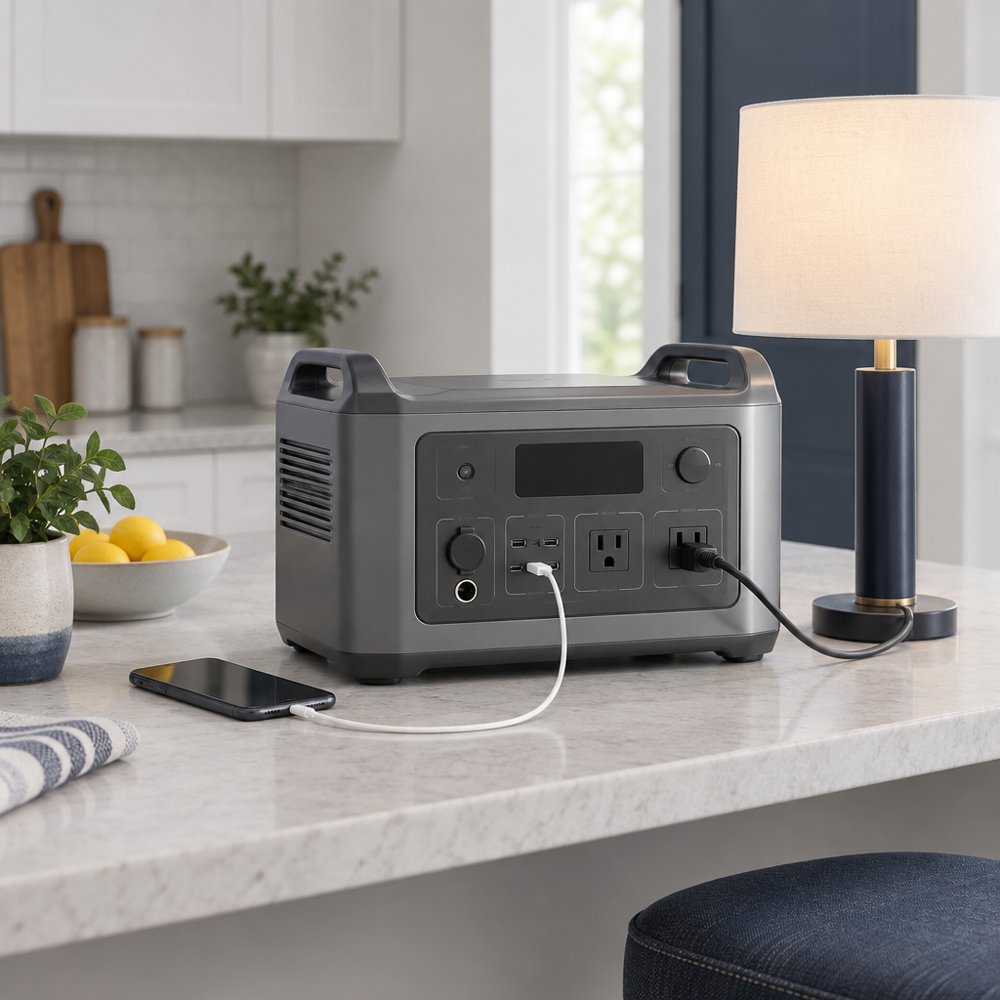 Portable power station on a kitchen counter