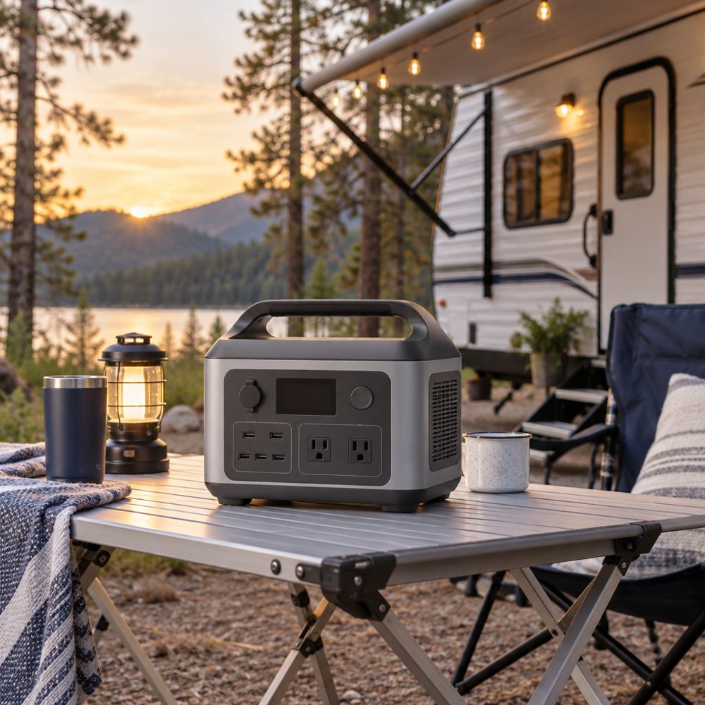 Power station on a camp table beside an RV