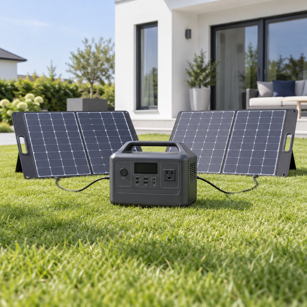 Power station with solar panels on a lawn
