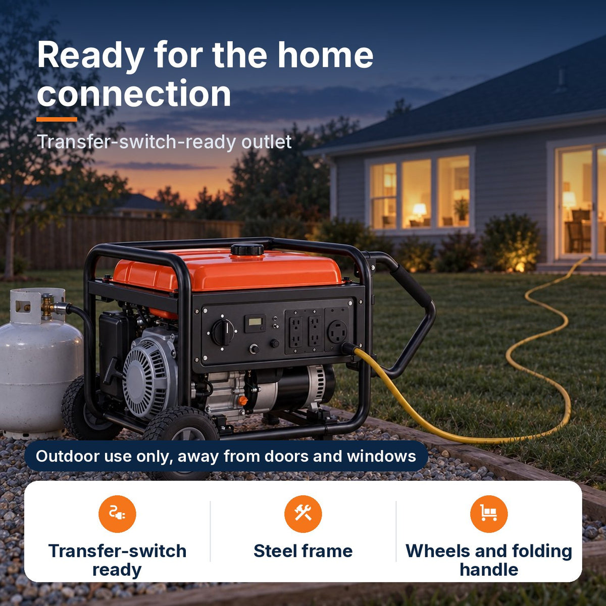 12,000W dual-fuel portable generator running outdoors away from the house, with transfer-switch-ready outlet, steel frame and wheels