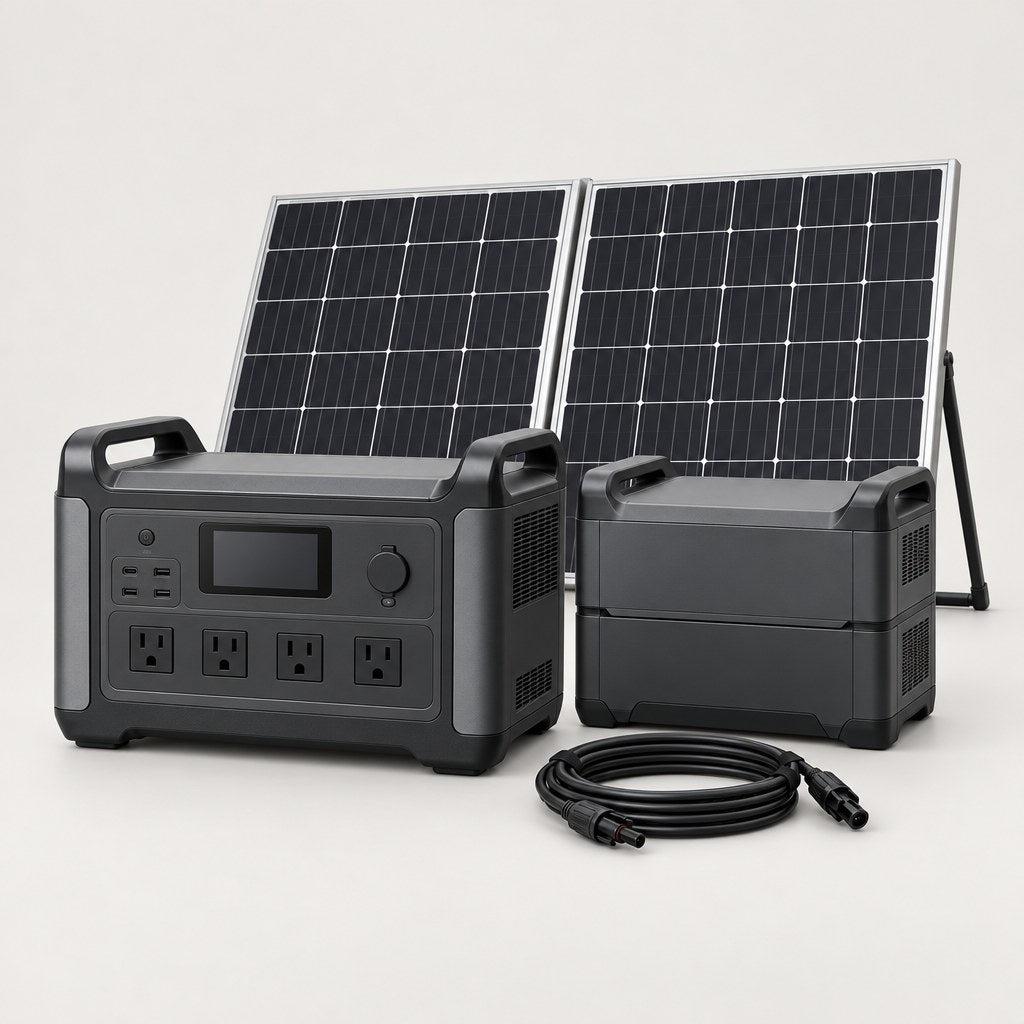 Home solar generator kit on a light grey studio background