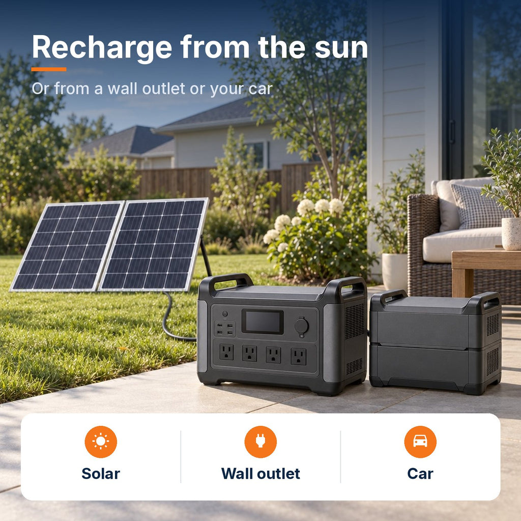 Home solar generator kit on a patio with two solar panels recharging the power station from the sun