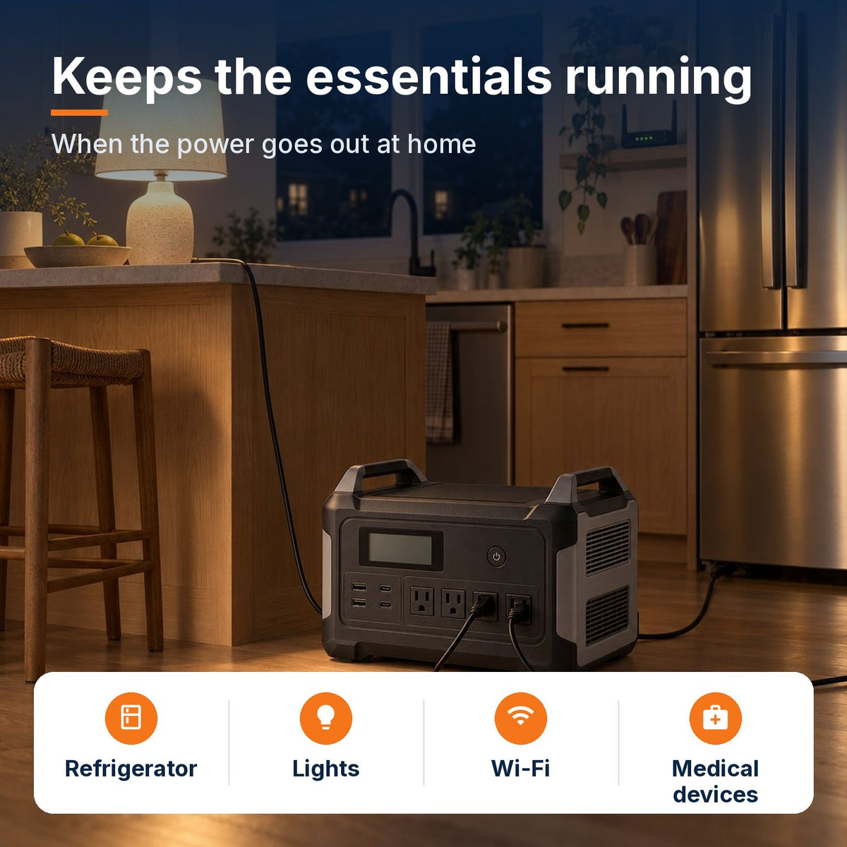 Portable power station keeping a refrigerator, lights, Wi-Fi and medical devices running during a home power outage