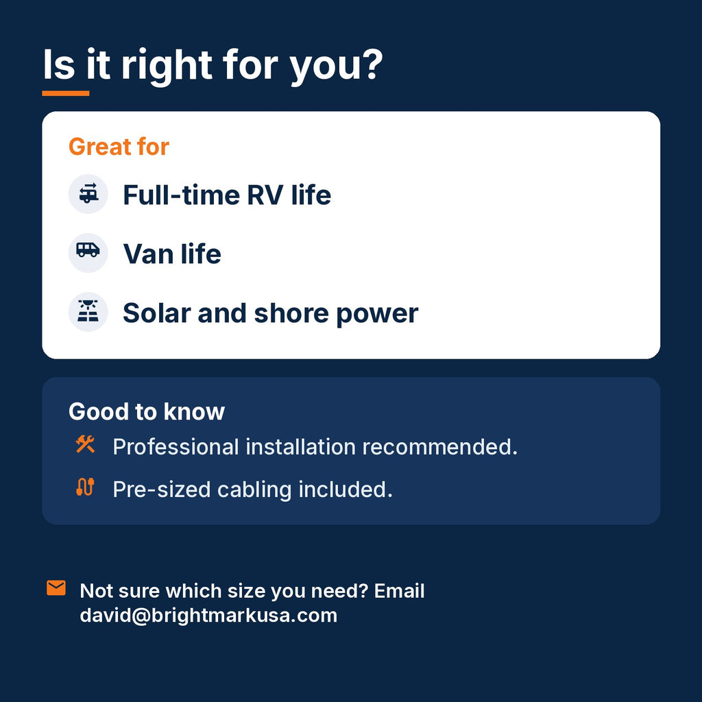 Is the 5kWh RV and van power kit right for you: full-time RV life, van life, solar and shore power; professional installation recommended
