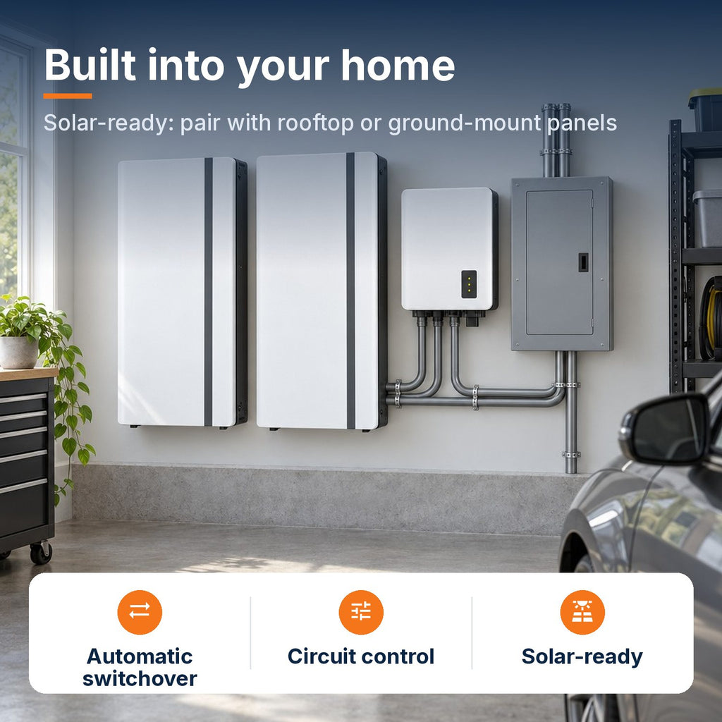 6kW whole-home battery backup system and smart panel installed on a garage wall, solar-ready